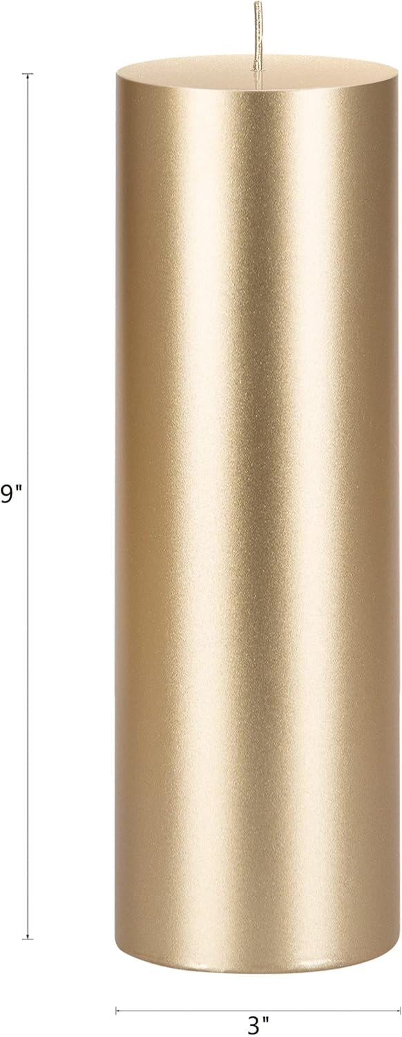 Mega Candles 3 pcs Unscented Solid Gold Pillar Candles, Hand Poured Premium Wax Candle 3 Inch x 9 Inch, Home Décor, Spas, Weddings, Occasions, Party, Centerpieces, Holidays, Vigils, Prayers