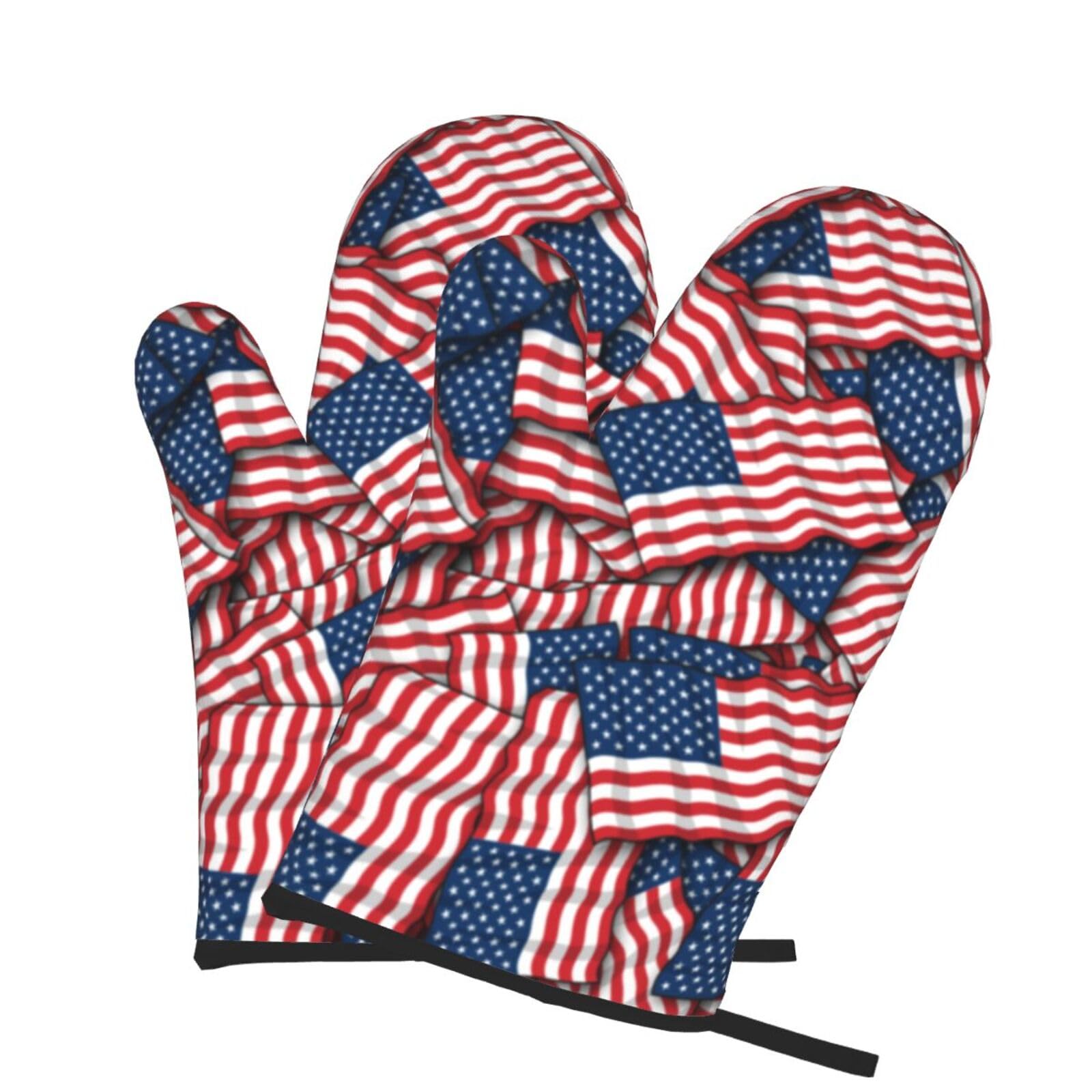 Oven Mitts Set of 2 Pcs, Usa Flag Prints Heat Resistant Kitchen Gloves for Cooking Baking Grilling