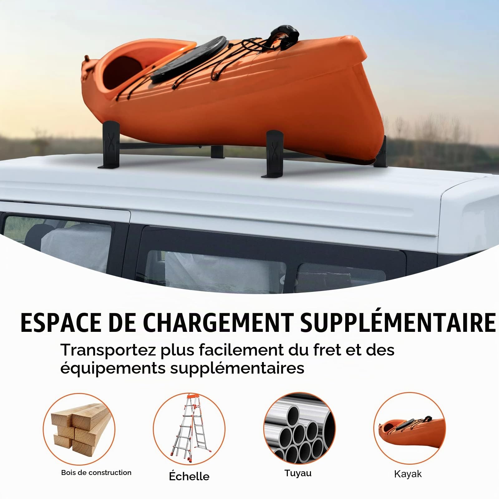 VEVOR Porte-Échelles de Toit pour Camionnette, Porte-Bagages en Acier Allié 2 Barres, Barre de Toit pour Gouttière de Pluie, Capacité de Charge 226,8 kg, Réglables 91-133 cm, pour Fourgonnettes