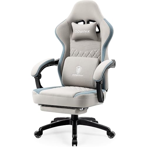Dowinx Gaming Chair Breathable Fabric Game Chair with Gel Pad and Storage Bag, Comfortable Gamer Chair with Pocket Spring Cushion,Ergonomic Computer Chair with Footrest,Grey