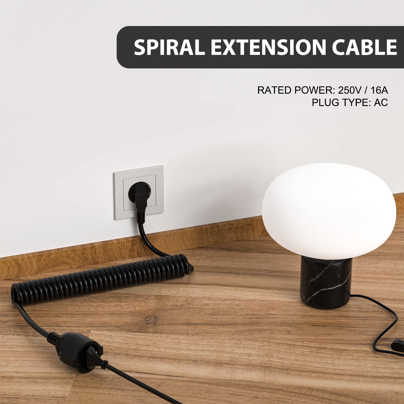 Schuko Cable de extensión en Espiral con 1 Toma Schuko (Contacto de protección de 3 m), Cable Espiral Extensible de 0,9 m a 3 m máximo, 230 V, 16 A, IP20, Color Negro