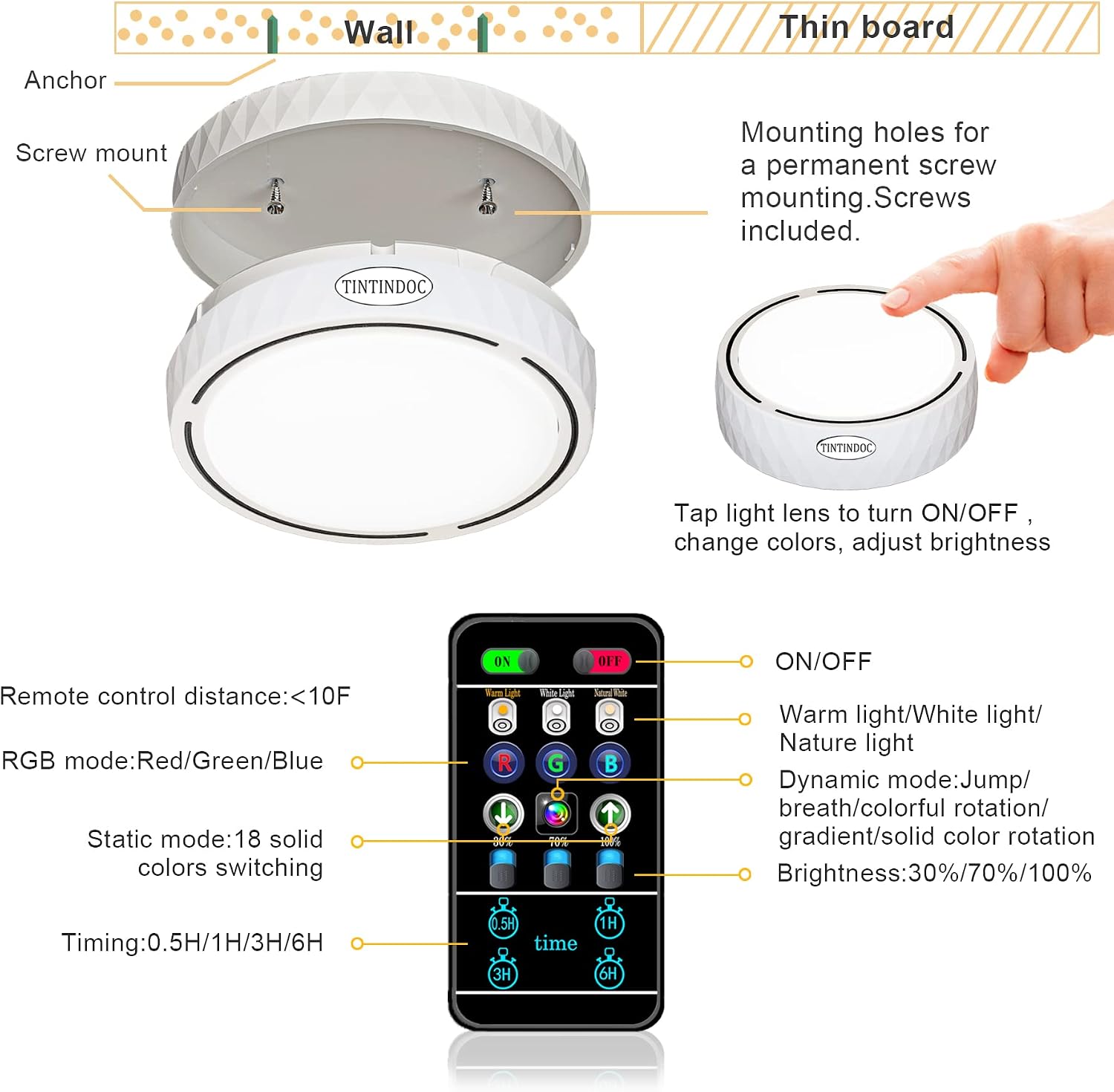 TINTINDOC Battery Operated Ceiling Light for Shower or Plug-in/Wireless Ceiling Lihghts Remote Control18 RGB Colors Shower Light 500LM Brightness Dimmable and Timer/Led Light for Ceiling Indoor