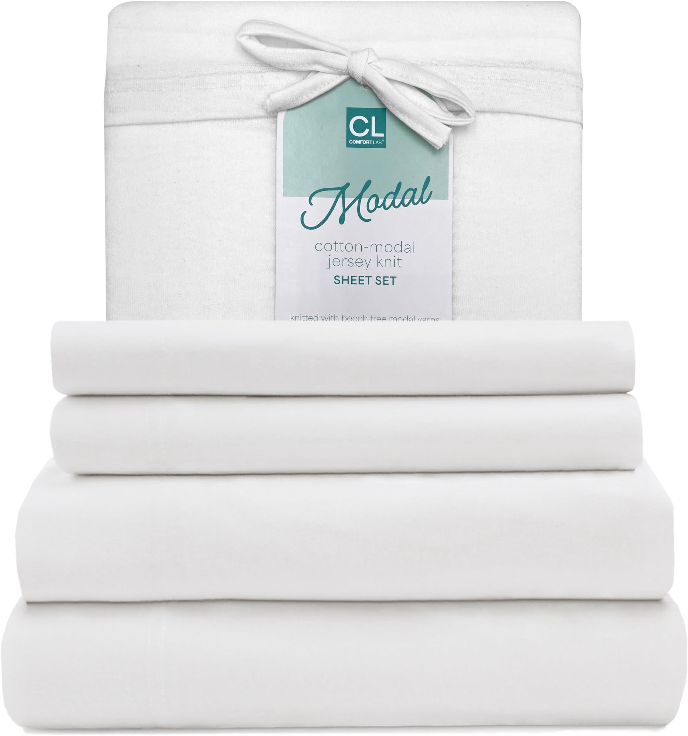 Comfort LabModal Jersey Knit Sheet Set, 3-Piece Bedding, T-Shirt Breathable & Cooling Modal Cotton - Includes Flat & Fitted Sheets, Pillowcase, College Dorm Twin Jersey Modal Sheets, White