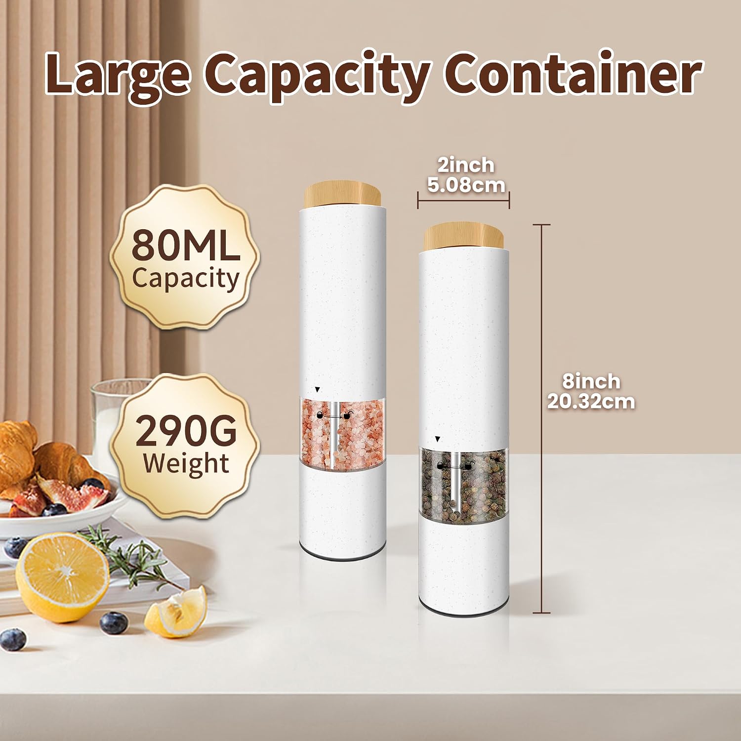 Electric Automatic Salt and Pepper Grinder set, Electric Salt and Pepper Shakers 2pcs，Grear upgrade Wheat Straw Eco-friendly Material Adjustable Roughness, One Hand Operation image 5