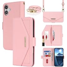 Crossbody Wallet for iPhone 17 Case with Strap,Pink | Long Shoulder Strap,Credit Card Holder, PU Leather, Handbag Purse, Kickstand, Make Up Mirror, Cover Case, for Women Girls
