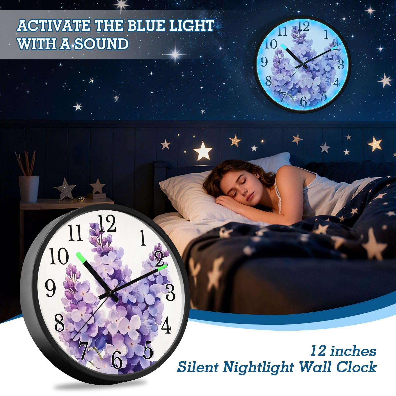 Mnsruu Reloj de pared luminoso con acuarela, color lavanda, reloj de pared que brilla en la oscuridad, funciona con pilas, silencioso, sin tictac, luz nocturna para dormitorio