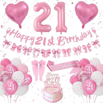 21st Birthday Decorations for Her, Pink Birthday Decoration Set Happy 21st Birthday Banner Bunting, Bow Pink White Balloons, Number 21 Heart Foilballoons, Hair Clips, Sash, Pink Bow Party Deco 21