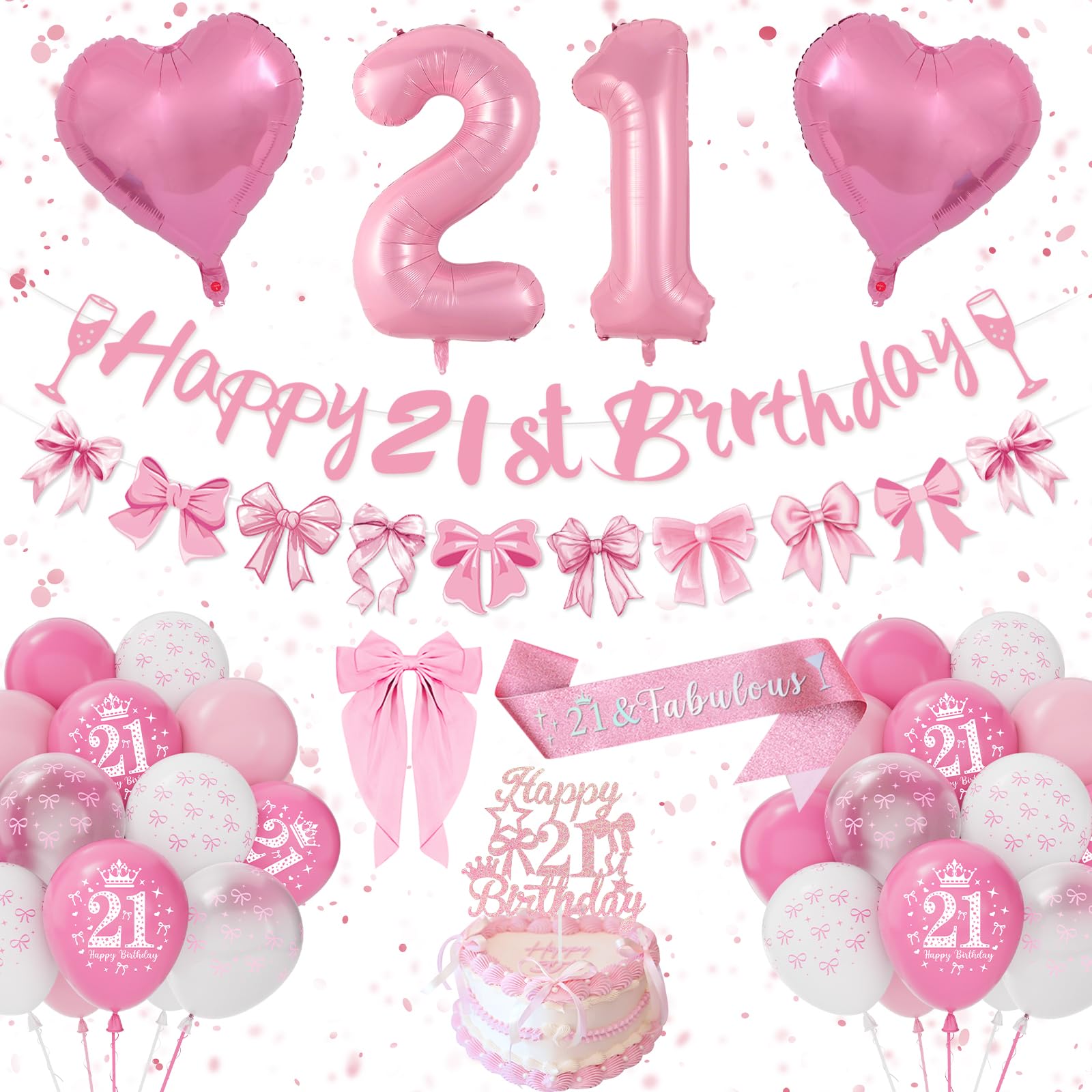 21st Birthday Decorations for Her, Pink Birthday Decoration Set Happy 21st Birthday Banner Bunting, Bow Pink White Balloons, Number 21 Heart Foilballoons, Hair Clips, Sash, Pink Bow Party Deco 21