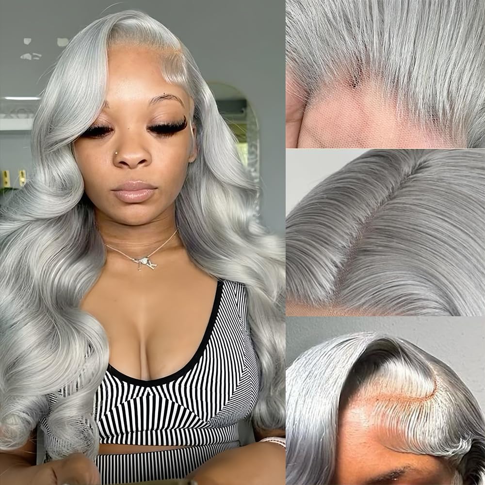 PUHPUH Body Wave Lace Front Wigs Human Hair 13x6 HD Lace Front Wig Human Hair 200% Density Pre Plucked Body Wave Wig Human Hair with Baby Hairs. (Grey