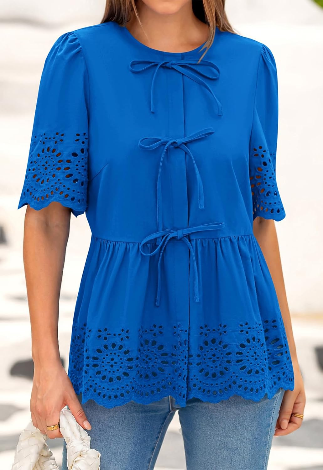 PRETTYGARDEN Tie Front Peplum Tops for Women Summer Y2K Short Sleeve Babydoll Cute Going Out Top Eyelet Blouse Shirt - Image 3