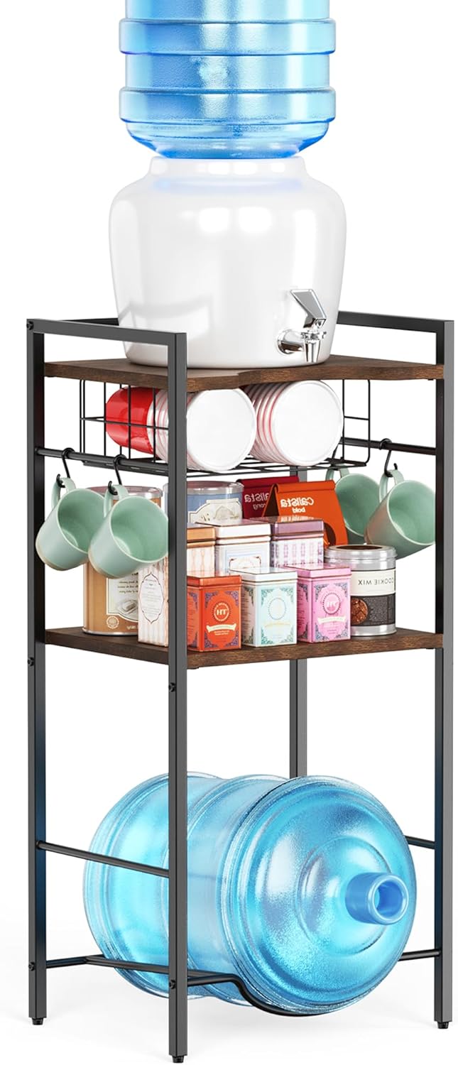 3 Tier Water Dispenser Stand, Water Stand for 5 Gallon Water Jug Holder, Water Cooler Stand with Metal Basket, Water Bottle Stand with 4 Hooks, Water Jug Stand for Home, Office