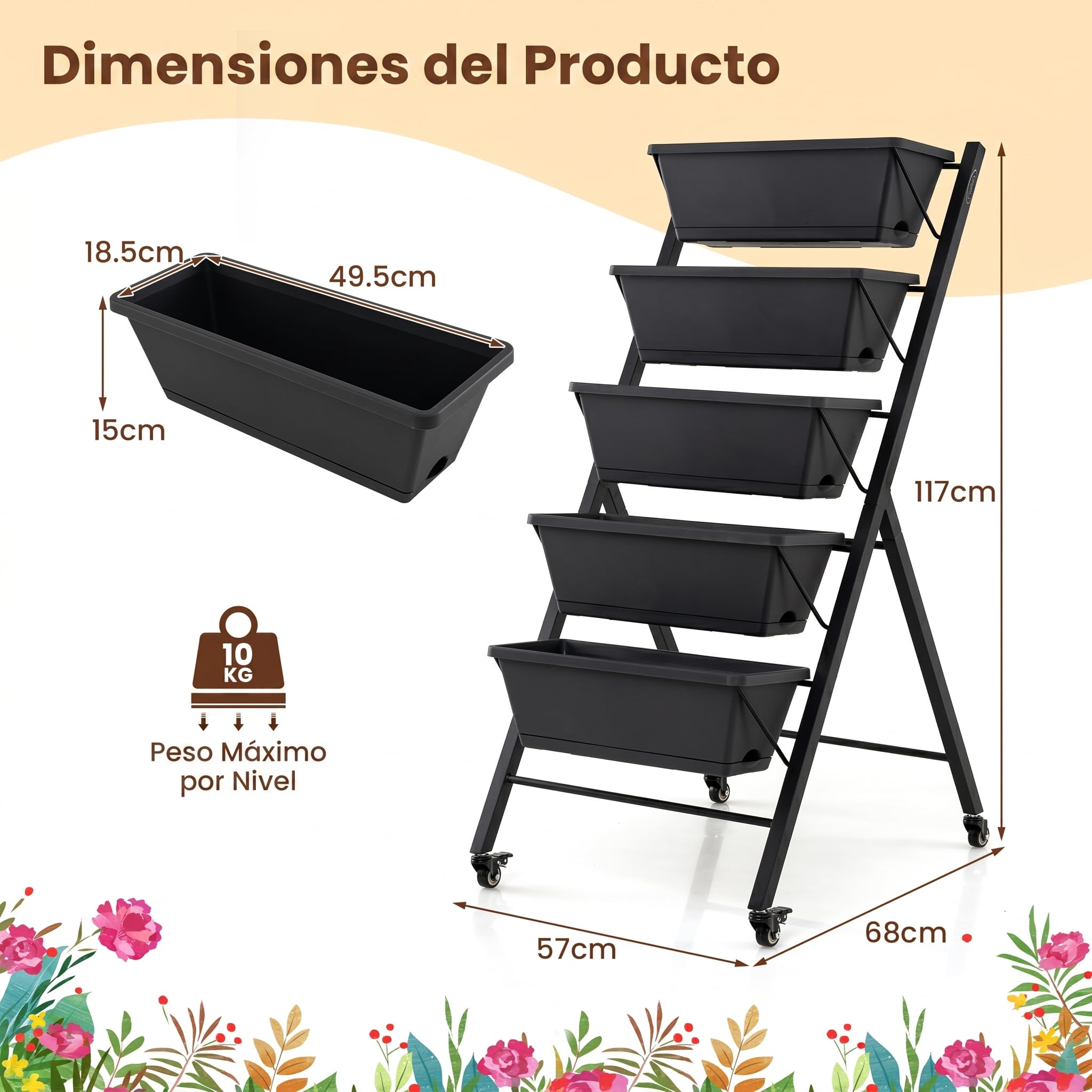 COSTWAY Jardinera Vertical con 5 Macetas, Huerto Urbano Elevado con Ruedas, Estructura de Metal, Orificios de Drenaje, Bandejas Desmotanbles, Jardinera Elevada Exterior, 57 x 68 x 117 cm