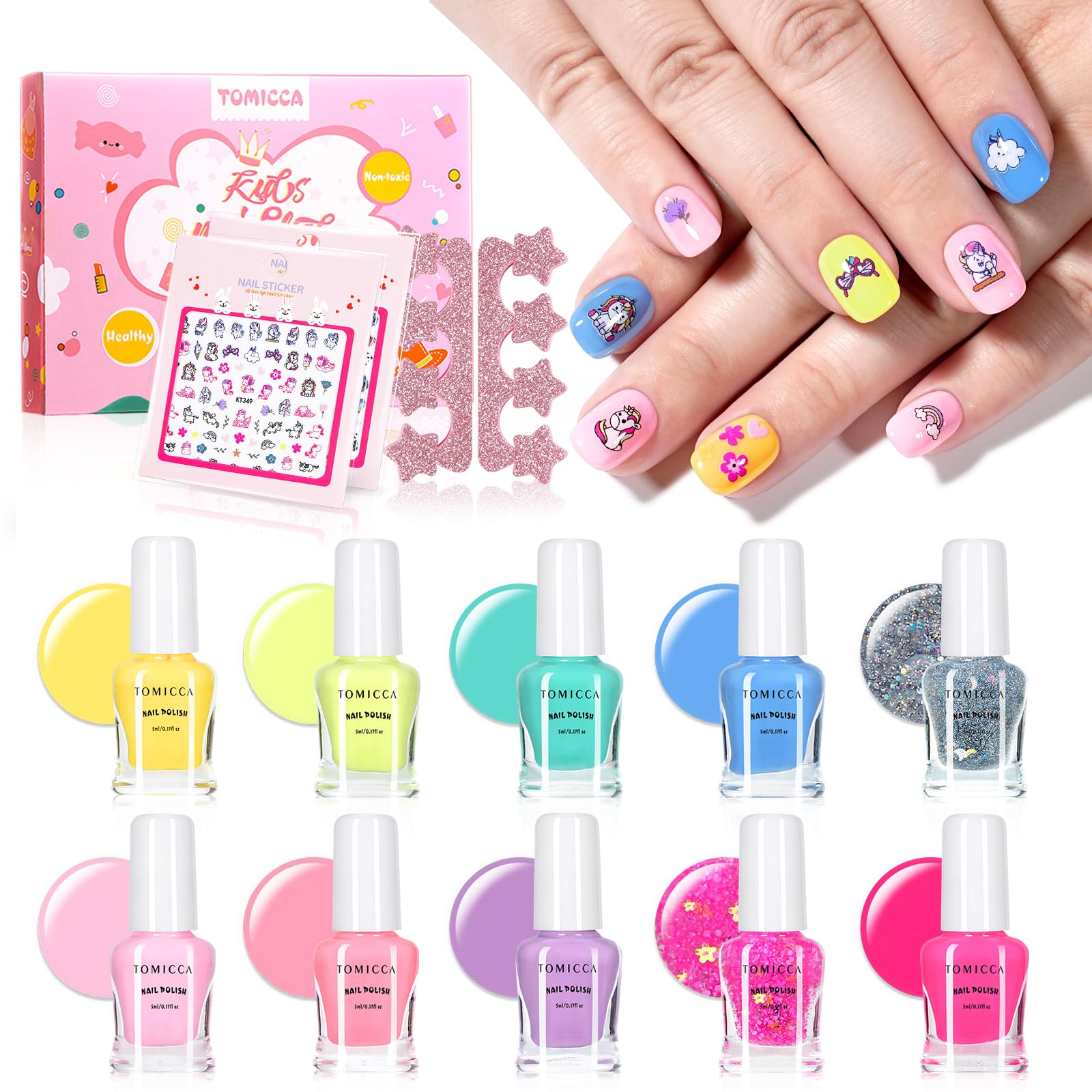 TOMICCA Kids Nail Polish Set, Non Toxic Quick Dry Water-Based Peel-Off 10 Colors Toddler Nail Polish Kit Natural Safe Quick Diy Nail Polish Gifts Kit for Girls Ages 5+