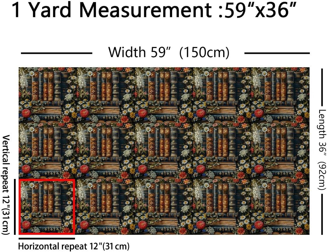 Erosebridal Bookshelf Fabric by The Yard,Vintage Bookcase Books Waterproof Fabric,Retro Daisy Flowers Floral DIY Art Decor for DIY Upholstery and Room Decor,Brown White,2 Yards