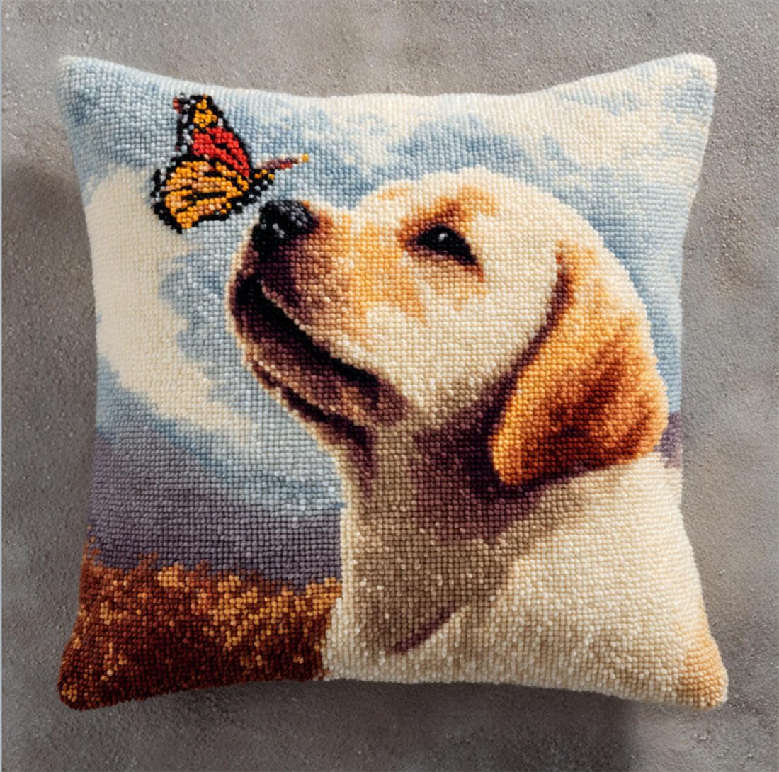 Kitquiver Animal Latch Hook Cushion Set Dog and Butterfly DIY Latch Hook Kits Pillow Needlepoint Cushion Kit for Home Décor Needlework Set for Adult Beginners 17x17In