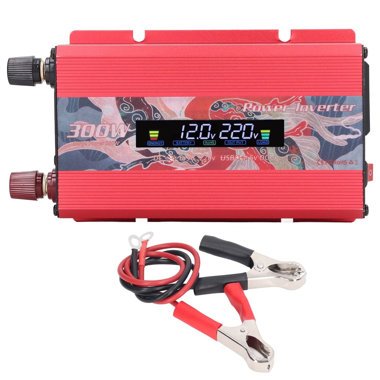 Samochodowy Przetwornica Napięcia 300 W Przetwornica Sinusoidalna ze Stopu Aluminium DC 12 V na AC 220 V z Wyświetlaczem LCD USB 2 A i Wentylatorem Chłodzącym do Podróży Samochodem Kemping