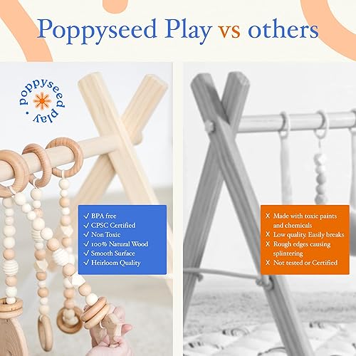Miniatura 10 de Poppyseed Play Gimnasio de madera para bebés, marco plegable con barra para colgar, cordón de algodón atado y juguetes de madera, juego de