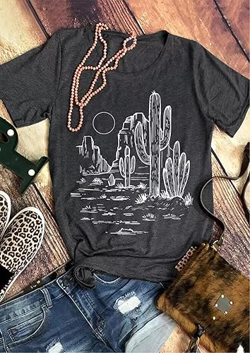 Miniatura 2 de Camiseta de manga corta con estampado de cactus occidentales para mujer, diseño de amanecer y desierto, senderismo, escalada de montaña, divertida