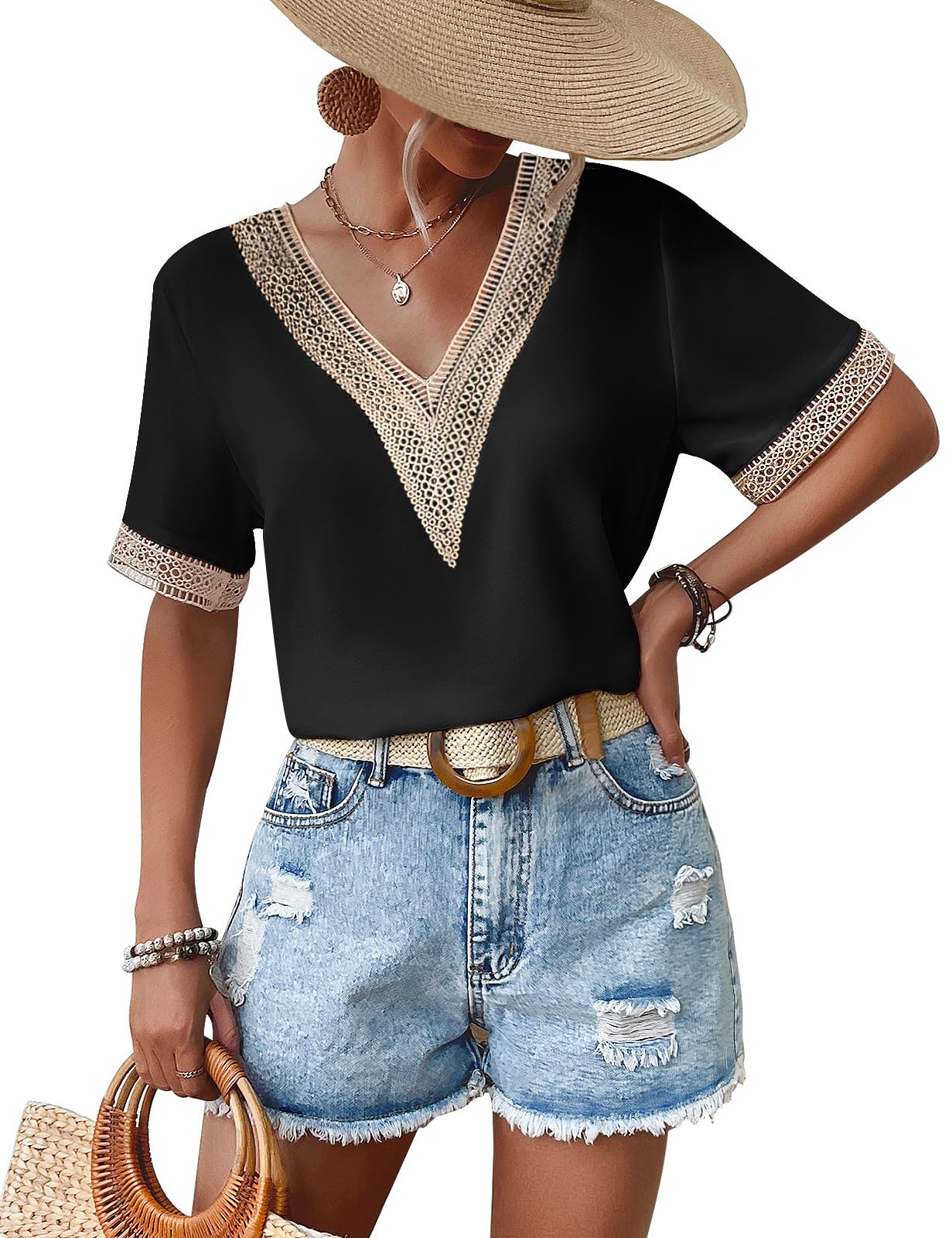 Yuson Girl Camisetas Manga Corta Mujer Camisas Elegantes Blusas Mujer Verano con Cuello en V Color Sólido Blusa de Gasa Suelto T-Shirt Casual Tops