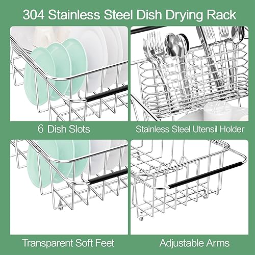 Miniatura 7 de Small Dish Drainer Rack in Sink Adjustable, Expandable Stainless Steel Metal Dish Drying Rack Organizer with Stainless Steel Utensil Holder Over