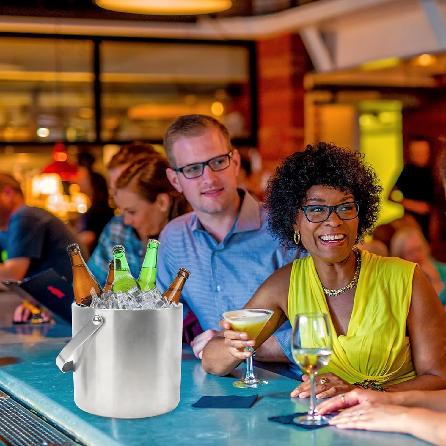 3L Secchiello Ghiaccio Vino Ghiaccio per Cocktail Porta Ghiaccio A Doppia Parete in Acciaio Inox Secchiello Per Ghiaccio con Coperchio Paletta Pinze E Colino per Cocktail Bar Feste Champagne