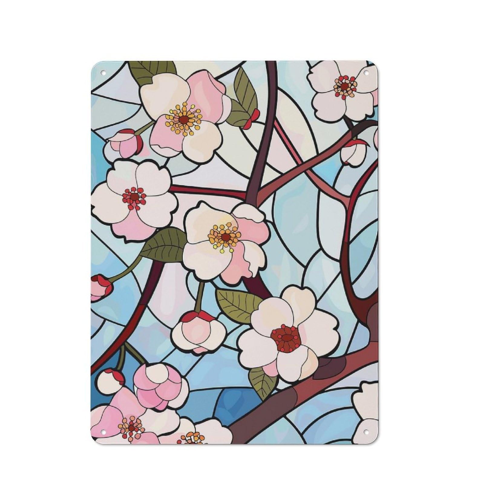 Junmoney Style-17 Stained Glass Cherry Blossoms Farmhouse Metal Sign 40X30cm, Rustic Country Wall Plaque For Farmhouse Kitchen, Pantry Or Dining Area