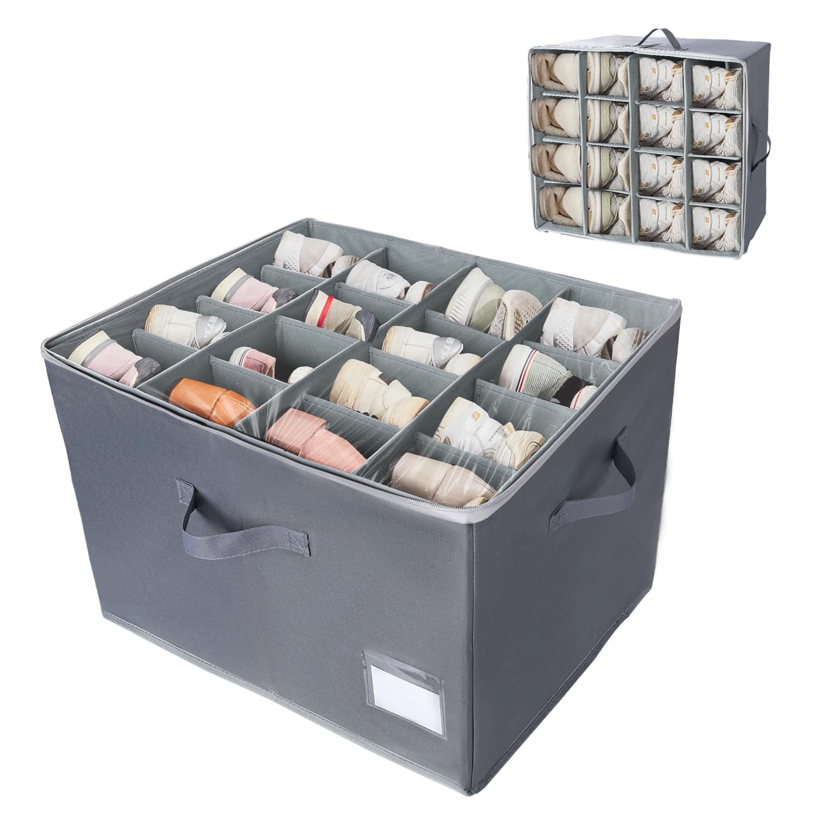 YWMEAC Shoe Storage Box Fits 16-Pair Shoe, Foldable Closetshoe Organiser Containers with Clear Lid and Handles/Gery/1Pc