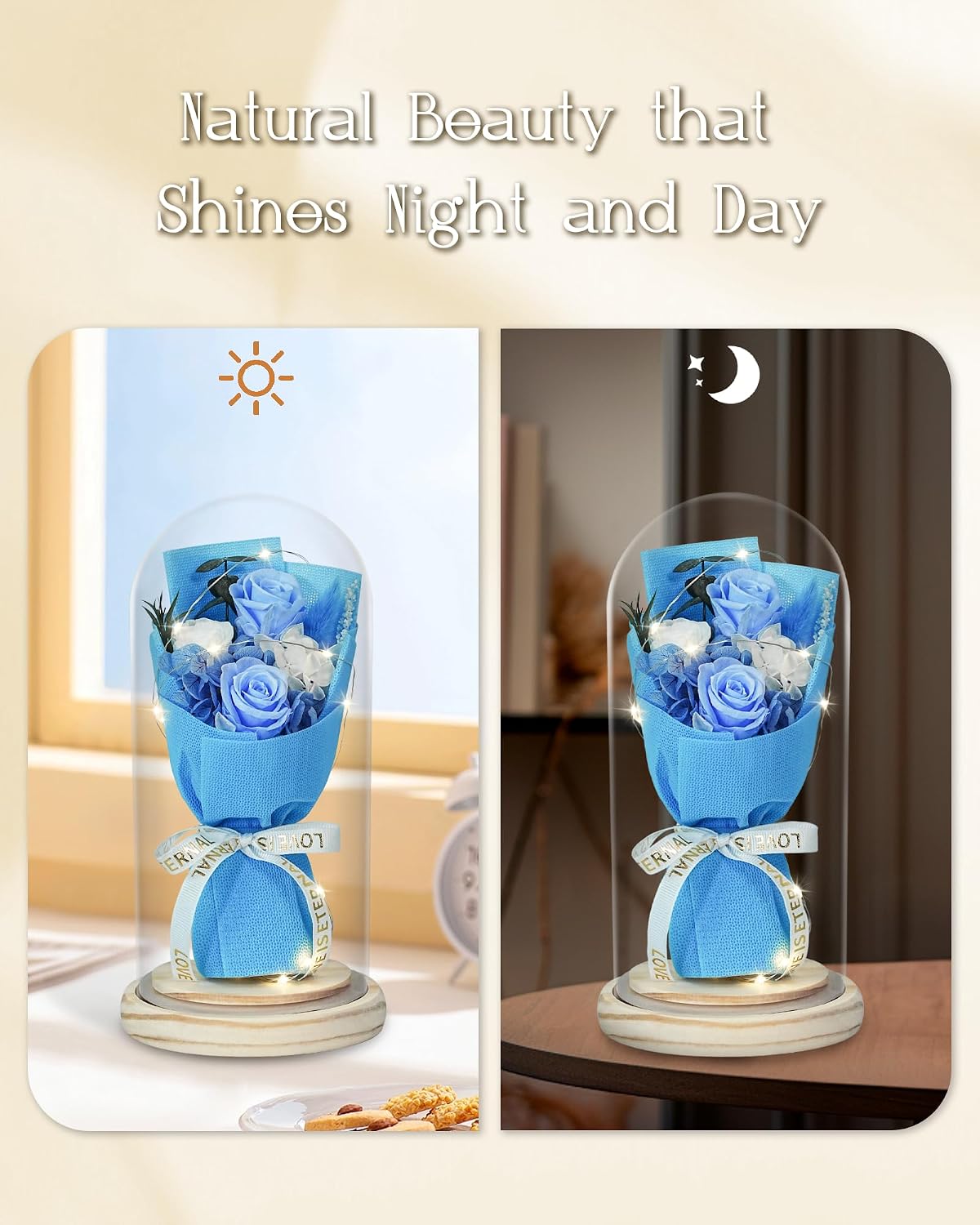 HVY Flowers Gifts for Her Mom Women Preserved Forever Fresh Flowers Bouquet with Blue and White Roses in Glass Dome Suitable for All Occasions Valentines Mothers Day Anniversary Thanksgiving Birthday