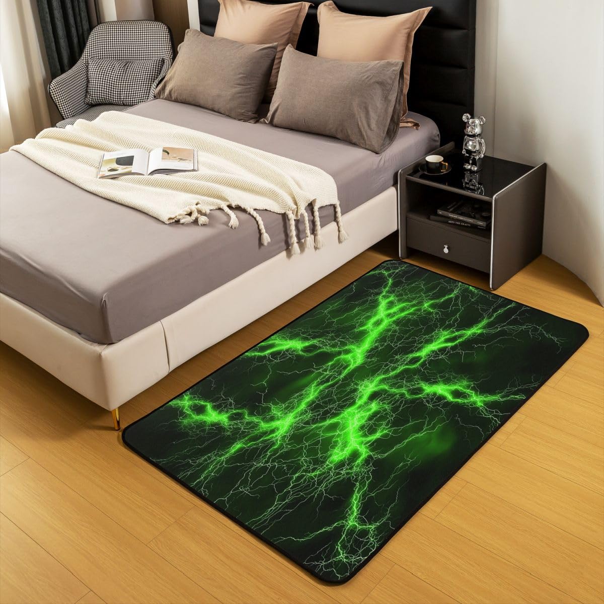 Loussiesd Tapis Salon 100x150cm Vert CorlNoir Tapis Chambre Exterieur Intérieur Lightning Antidérapant,Doux Géométrique pour Salon et Chambre Art Modernee Abstrait Lavable Luxe