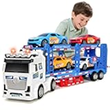 BainGesk Semi Truck Toys Car for 3, 4, 5, 6, 8 Years Old Boys Girls, Adjustable Double Decker Carrier Truck with Light & Sound, Car Hauler with Trailer Toy, Large Transport Toy Gifts for Toddler
