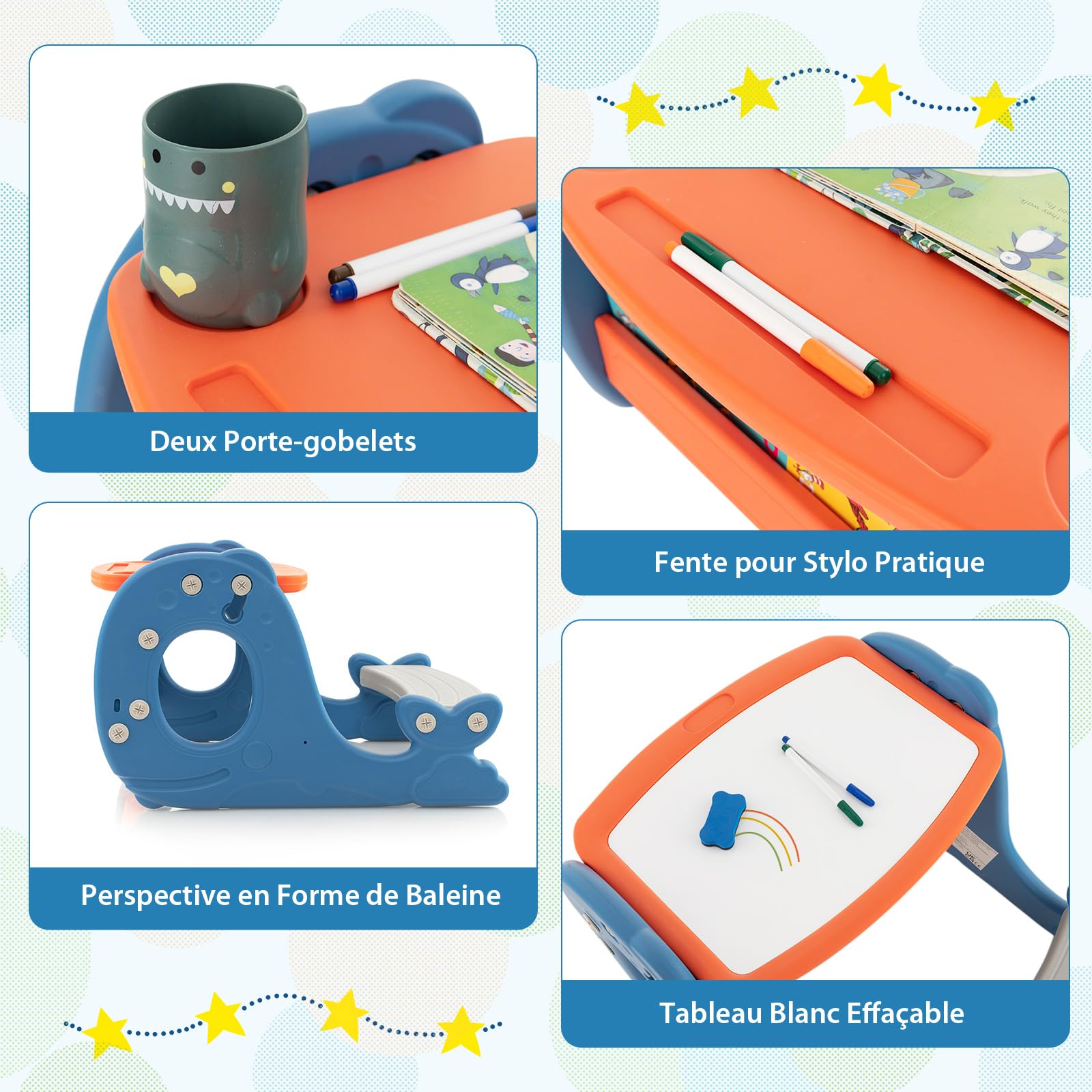 COSTWAY 4 en 1 Table Enfants en Forme Baleine avec Plateau Double Face