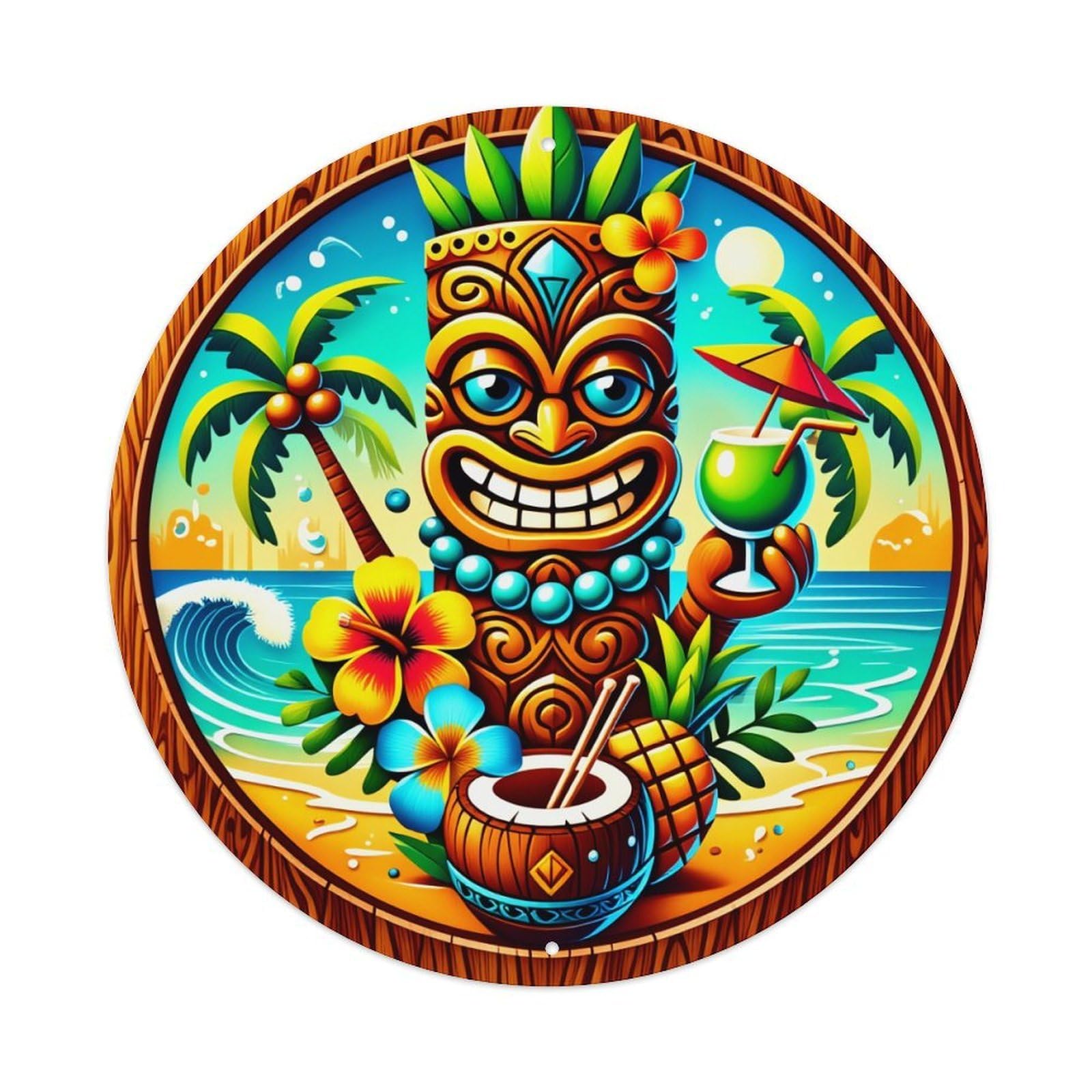 Tiki Mask Palm Tree Coconut Drink Flower Round Tin Sign Retro Metal Sign for Cafe Bar Pub Home Game Room Gym Club Wall Decoration Vintage Metal Poster 8x8 Inch