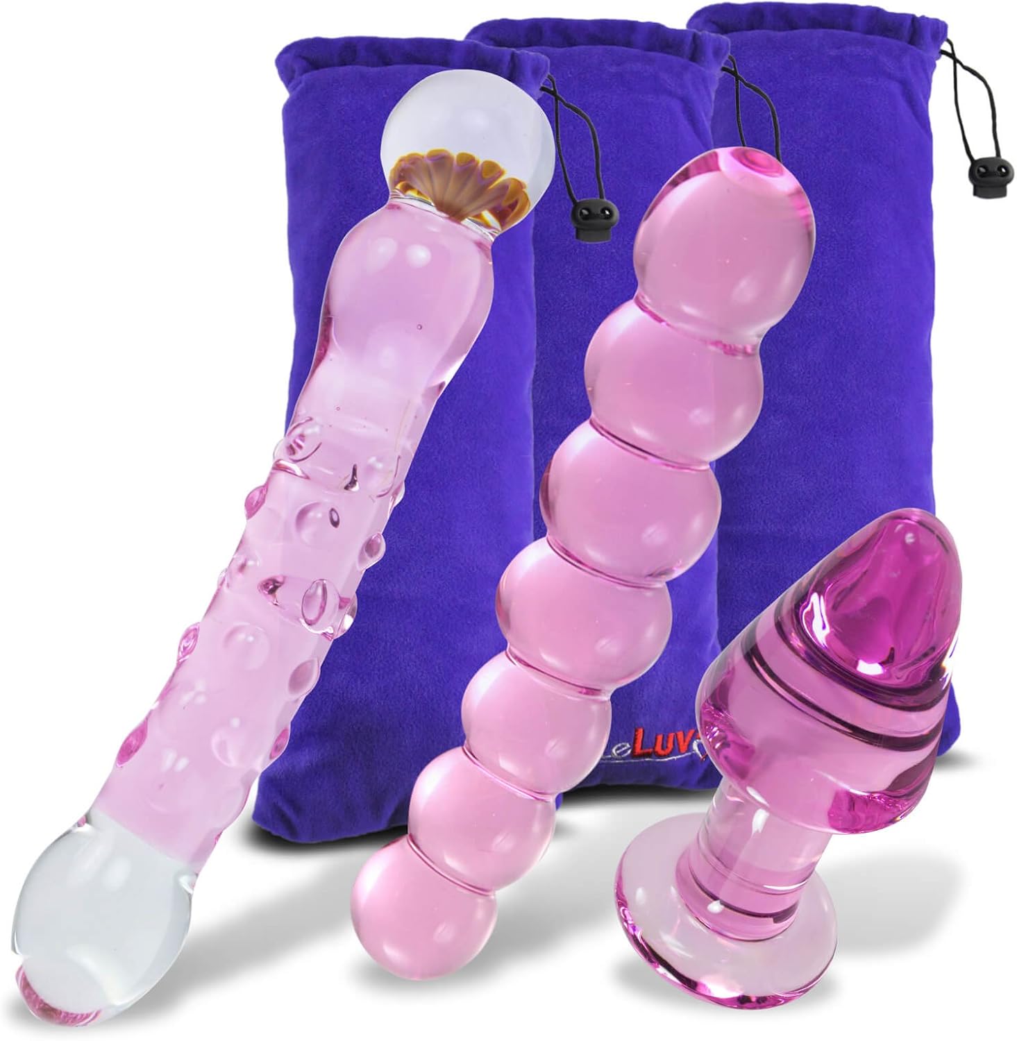LeLuv Pretty Pink Glass Dildo and Butt Plug 3 Piece Gift Set with Premium Padded Pouches for Each