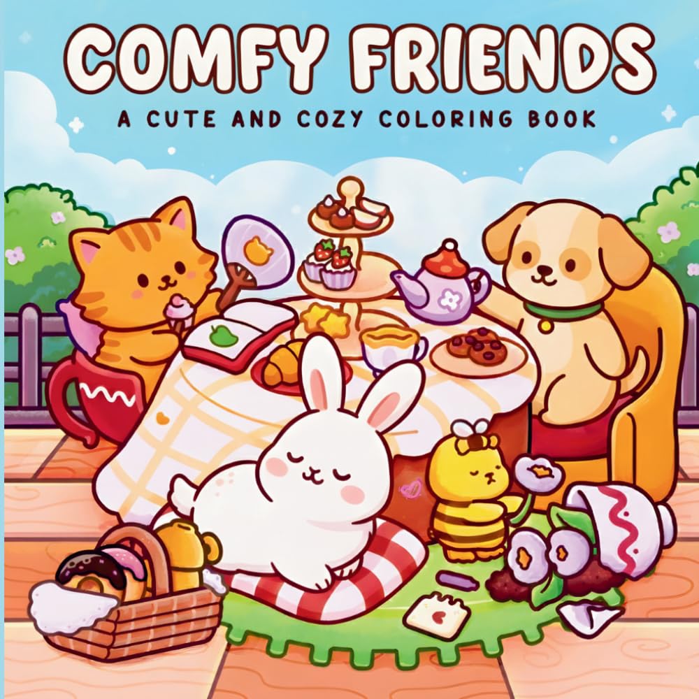 Comfy Friends: A Cute & Cozy Coloring Book for Adults and Teens – 41 Adorable Kawaii Illustrations/ Sweet Picnics, Cozy Gatherings, and Heartwarming Animal Friendships to Color