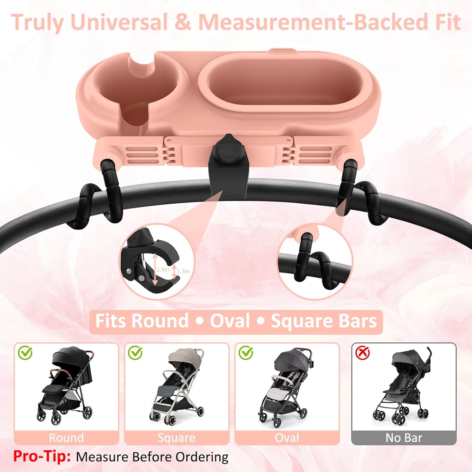 BANGIE Cute Pink Stroller Snack Tray for Girls - Compatible with Uppababy Vista V2, Nuna Mixx, Mockingbird - Aesthetic Attachment with Cup Holder & 3 Detachable Silicone Bowls