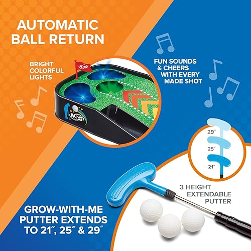 Miniatura 2 de Juego de golf electrónico mini NSG para niños  Juguete de golf para interior con tapete de 4 pies, bandera de puntería, retorno automático de bolas,