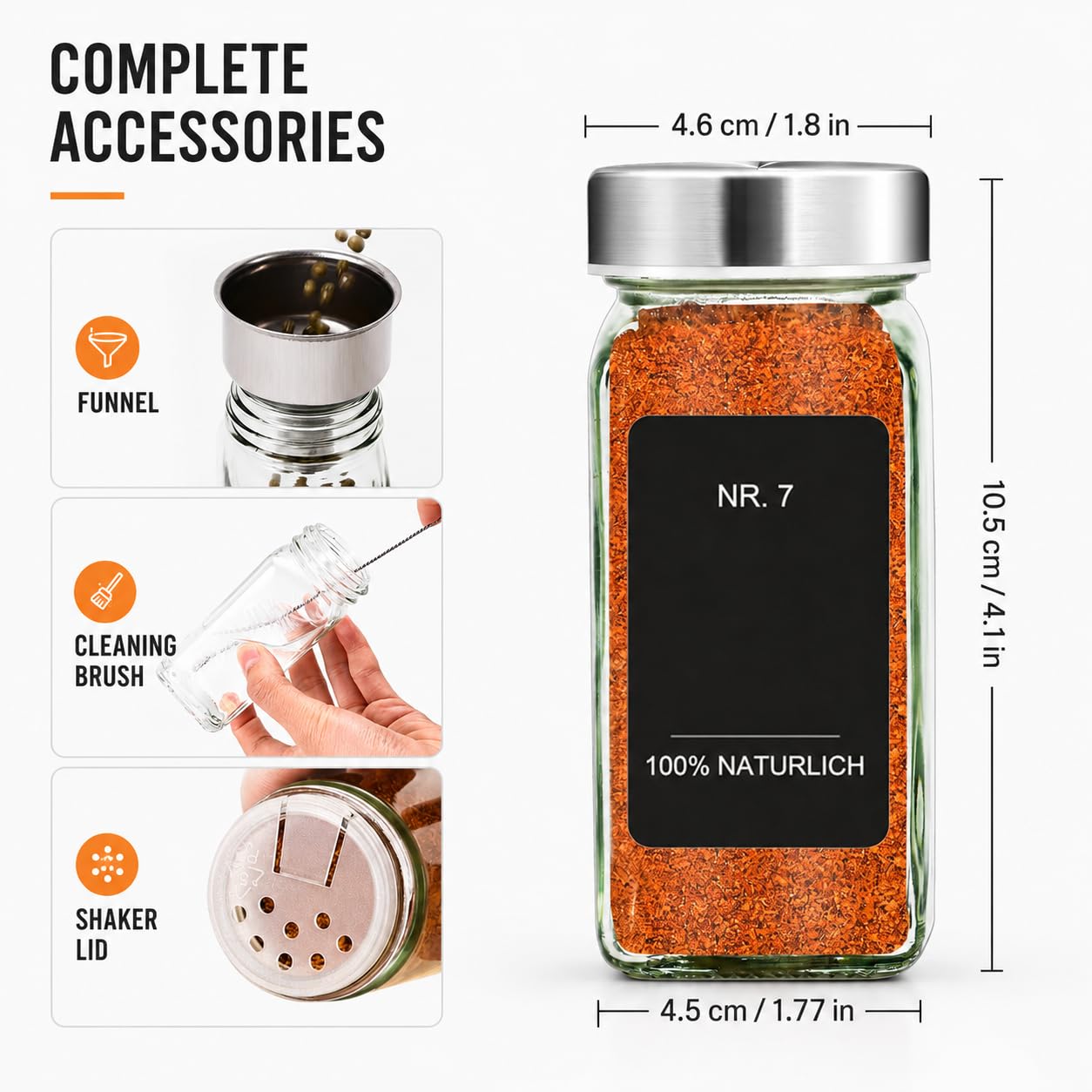 Pot à épices carré de 35 cm, récipient à épices de 120 ml avec 120 étiquettes noires imprimées, pot à épices en verre avec couvercle en acier inoxydable pour un accès rapide pendant la cuisson.