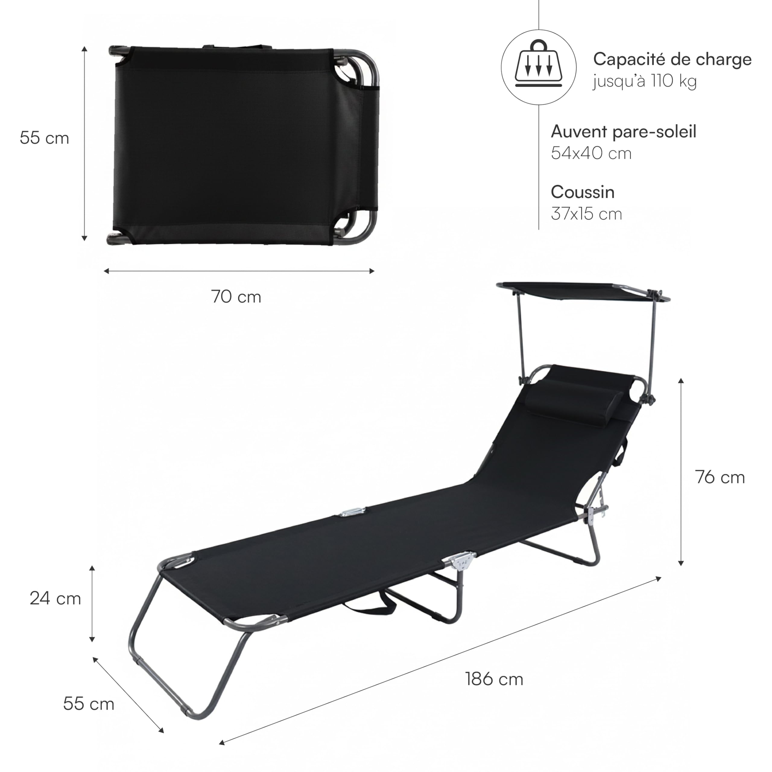 Baroni Home Chaise longue pliable et inclinable avec pare-soleil réglable à 360° et coussin amovible, chaise longue en métal avec tissu hydrofuge, charge maximale 110 kg, 186 x 55 x 24 cm, noir