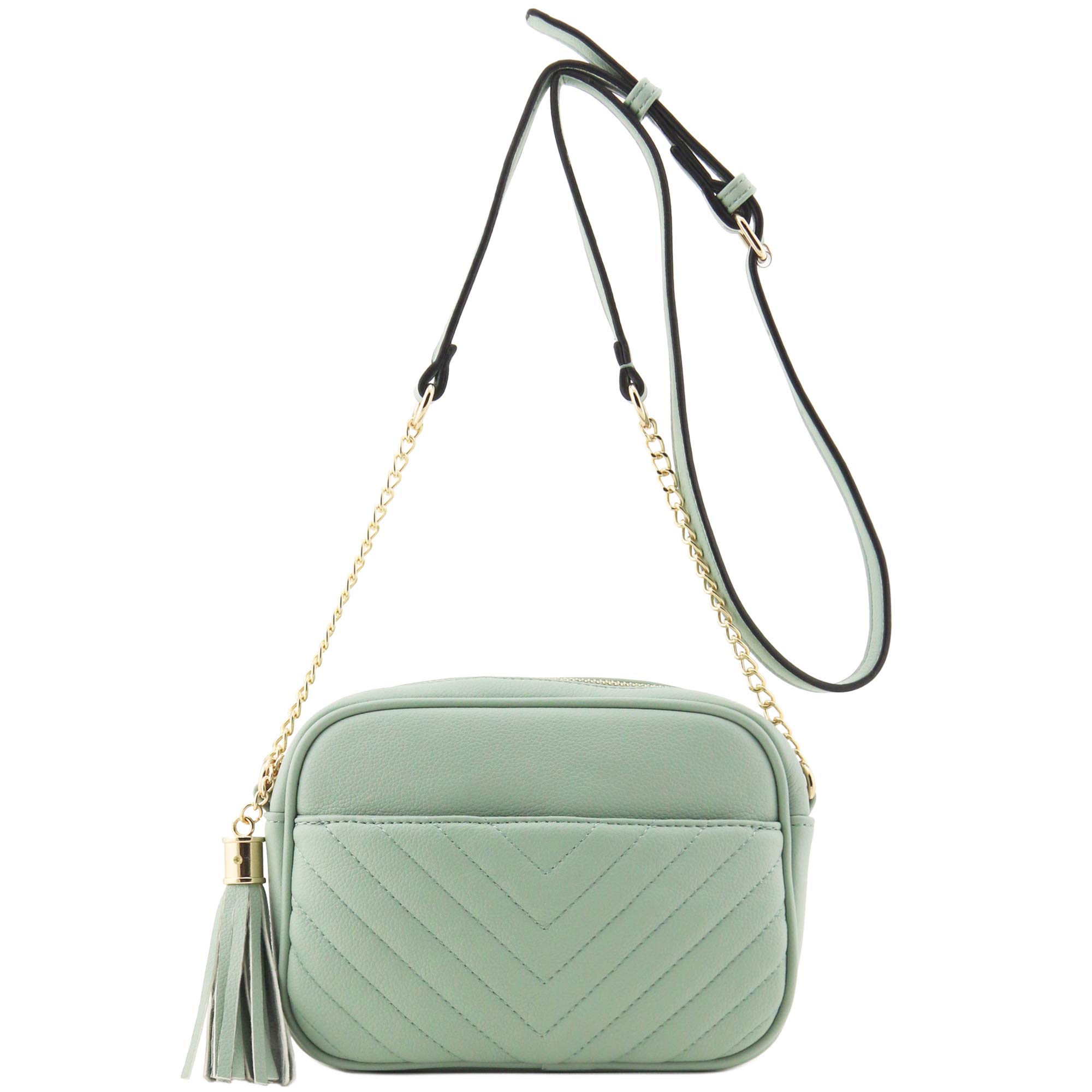 FashionPuzzleChevron Quilted Crossbody Camera Bag with Chain Strap and Tassel