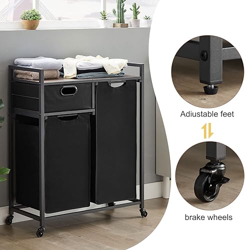 Miniatura 6 de GNIXUU Cesta de lavandería doble con estante superior y cajón de almacenamiento cesta de lavandería de 2 secciones con 2 bolsas clasificadoras de