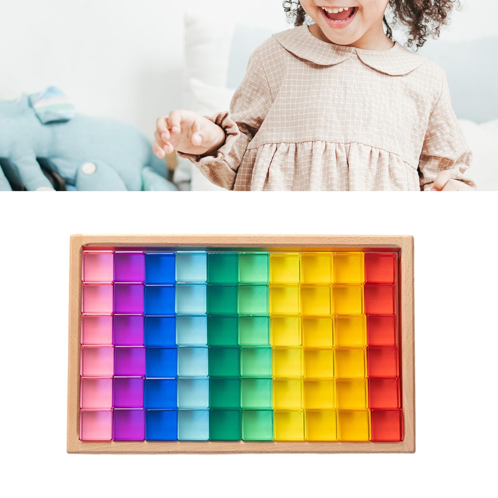 100 Pezzi Blocchi da Costruzione Set Cubi Stacking Gioco Educativo Giochi Acrilico Gemme Trasparenti con Scatola in Legno Adatto Bambini, 60 Pezzi