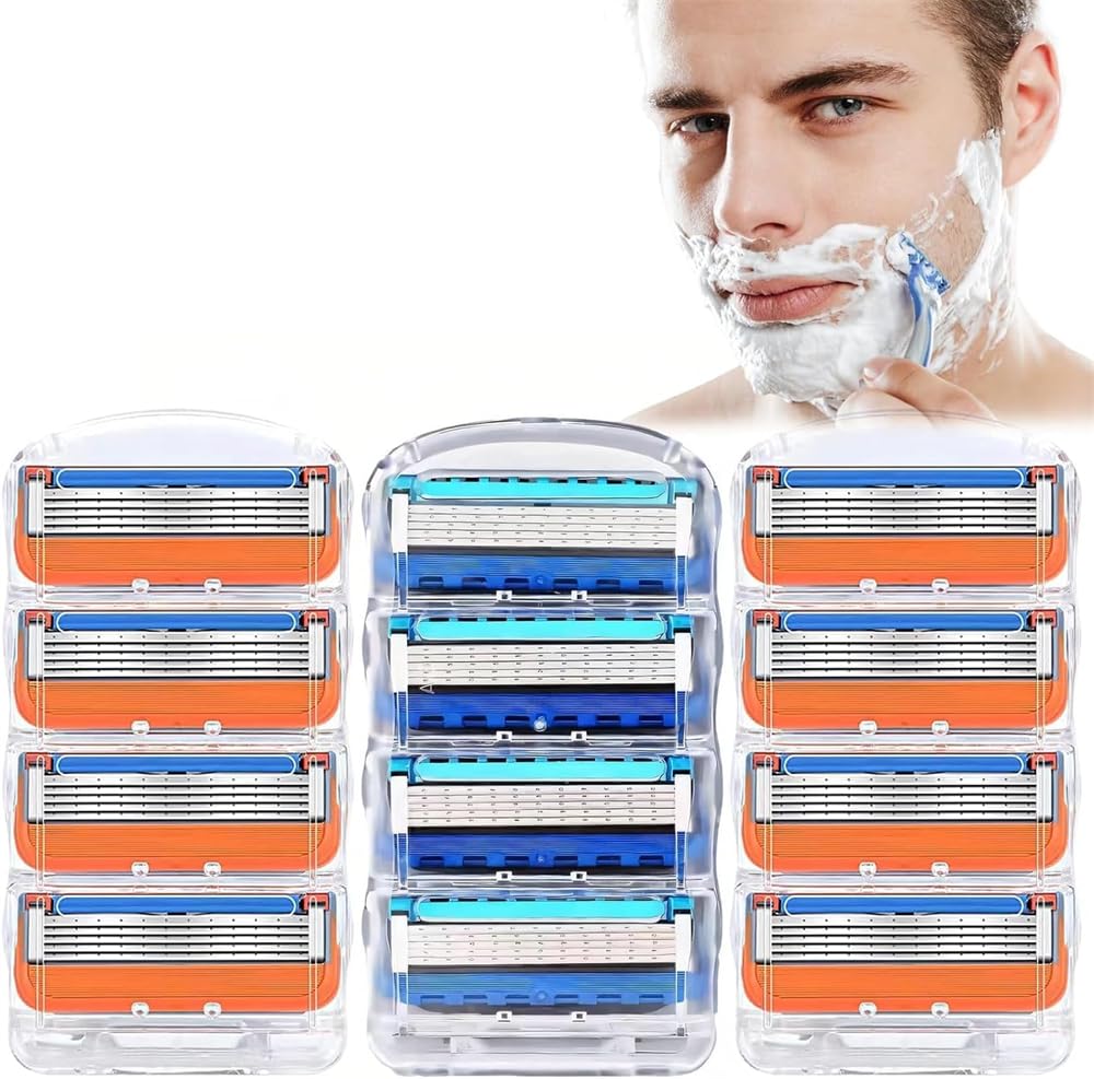 12 Pcs Razor Blades Men, 5 Layered Anti Friction Blades Set for Gillette Fusion 5 Razors, Extra Smooth 5 Layered Razors Refills Cartridge for Men (8Pcs Orange Version + 4Pcs Blue Version)