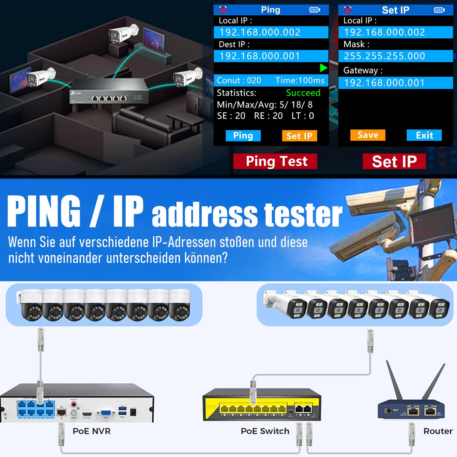 NF-859GK Netzwerk-Kabeltester TDR Multifunktional mit IP-Scan/VFL/PING/POE/CAT5 CAT6 CAT7 /RJ45 RJ11 Kabeltester für Telefonleitungen Ethernet-Kabeltester LAN-Netzwerktester