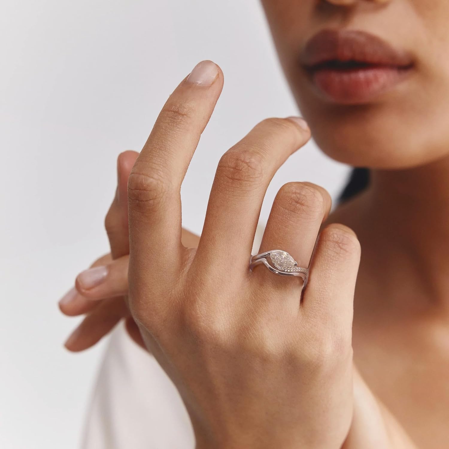2-PC Marquise Cut Moissanite Ring Set | S925 Sterling Silver 1CT Wedding Jewelry, Single Side Pavé & Twisted Band, Non-Tarnish Hypoallergenic Bridal Rings for Women