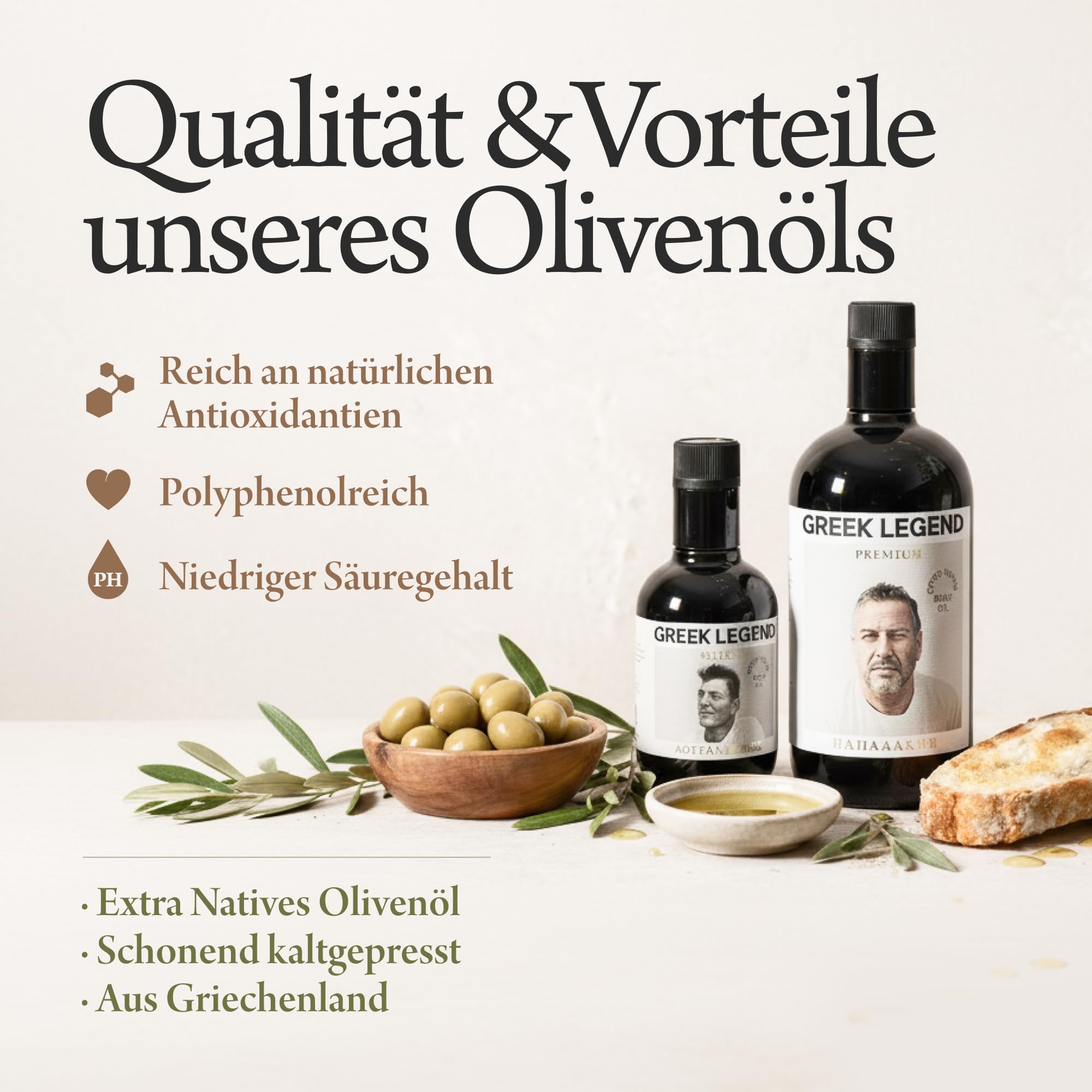 GREEK LEGEND Premium Olivenöl Extra Nativ aus Kreta - Olive Oil Extra Virgin - Griechisches Olivenöl, 100% Kaltgepresst, Ungefiltert, Reich an Polyphenolen, 500 ml Glasflasche
