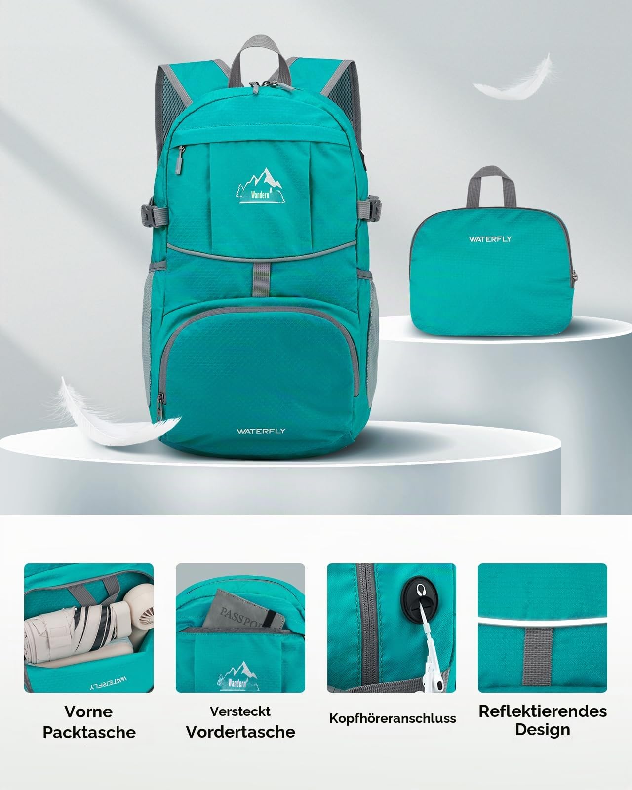 WATERFLY Faltbarer Rucksack Ultraleicht Wanderrucksack: 25L Leichter Tagesrucksack Sportlich Packable Backpack für Herren Damen Wandern Outdoor Trekking Hiking