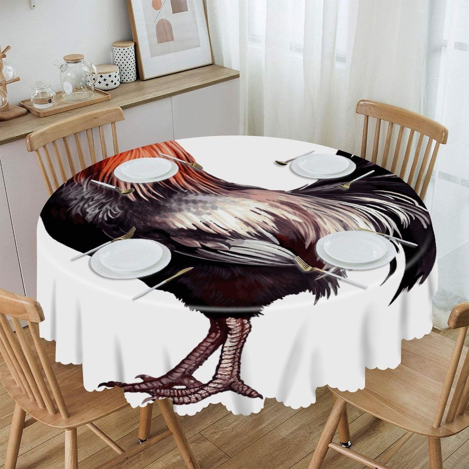 FekiLoot Rooster Round Tablecloth 60 Inch Waterproof Heavy Duty Table Cloth Spillproof Washable Table Cover Wrinkle Resistant Tablecloths Decorative Table Cloths