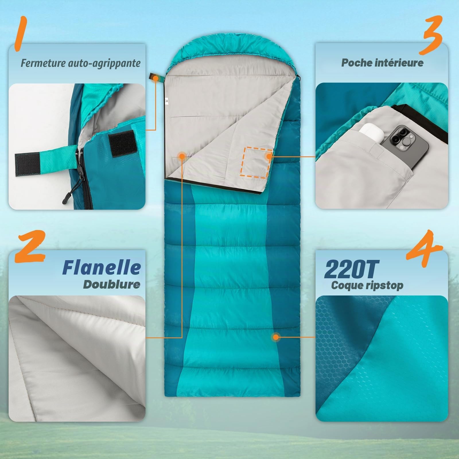 Forceatt Sac de Couchage pour Adultes et Adolescents | 3 saisons et temps froid（-10 ℃ à 18 ℃）丨Idéal Pour le Camping, La Randonnée et D'autres Activités de Plein Air丨Résistant à L'eau, Léger et Chaud.
