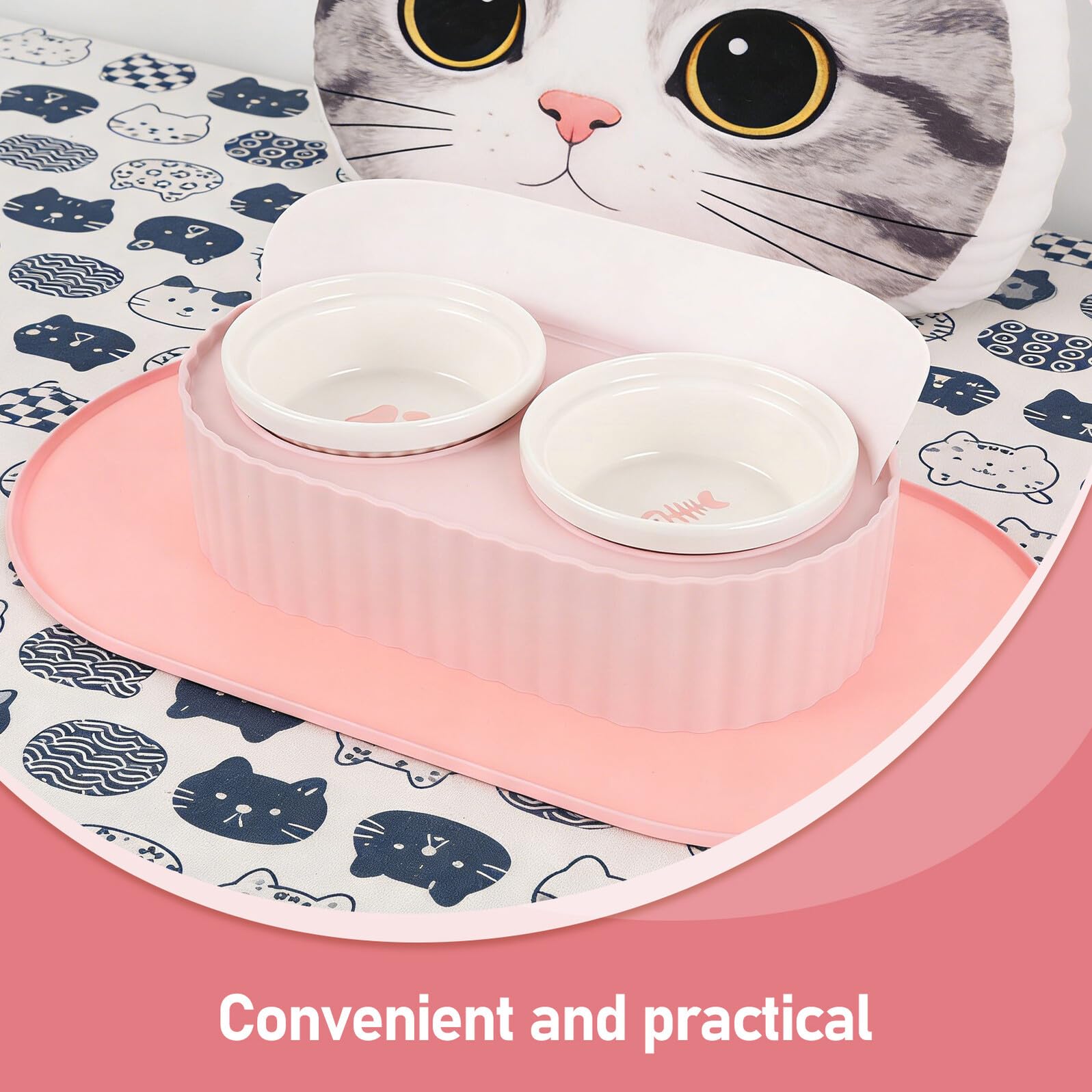 HEMOTON Gamelle Double Surélevée en Céramique 350 ML avec Support Antidérapant et Tapis Imperméable, Bol pour Chat Rose Sakura, Alimentation Eau et Nourriture, pour Chatons et Petits