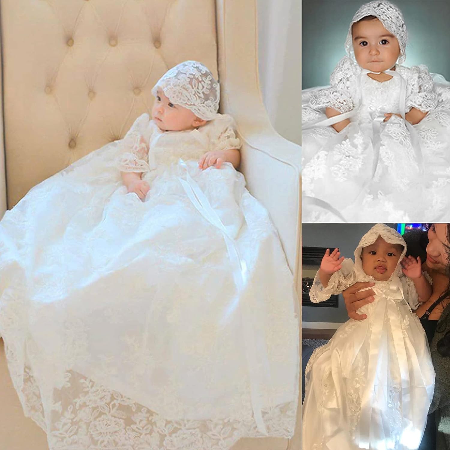 Lange weiße Spitze Taufkleider für Baby Mädchen